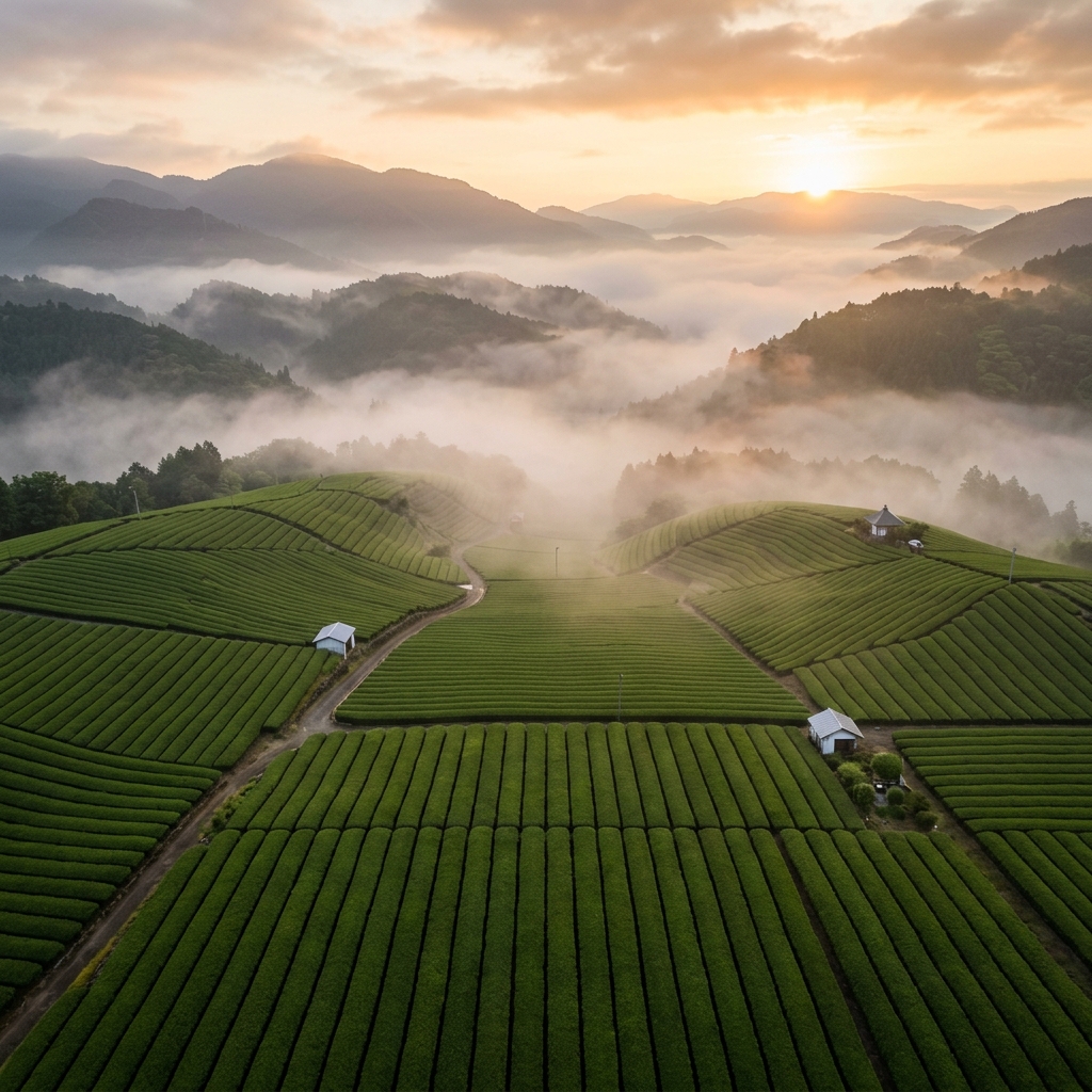 Tea fields in Uji, Kyoto at sunrise