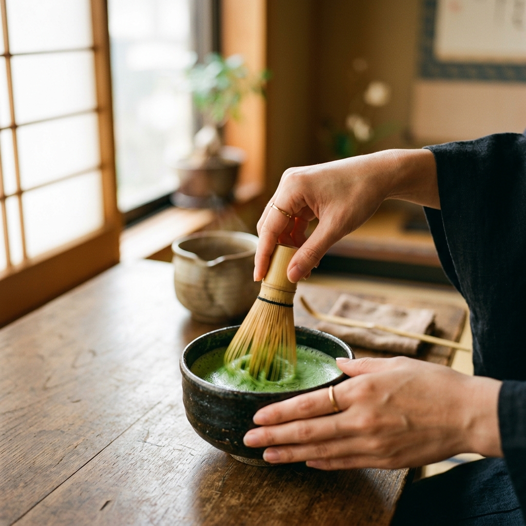 Hands whisking matcha in a ceramic bowl